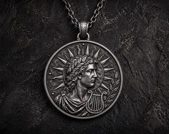 Collar con relieve de lira solar de Apolo en plata de ley, colgante solar de la mitología griega / amuleto del dios griego antiguo / regalo para amantes de la música / joyería del dios sol