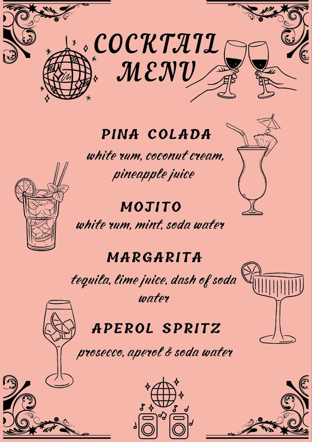 Example Personalised Cocktail Menu Custom Food & Drinks Menu | Personalised Cocktail Menu - Etsy