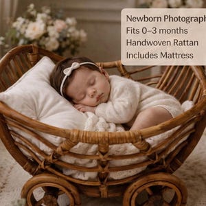 Newborn Rattan Photography Prop Bed – Boho Baby Photo Sofa, Vintage Stroller Basket