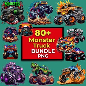 May include: A collection of colorful monster truck illustrations. The image features various designs, including trucks with flames, patriotic themes, and dinosaur-themed trucks. Text on the image reads "80+ Monster Truck Bundle PNG."