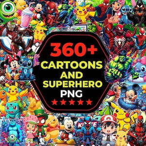 May include: A colourful collection of cartoon and superhero characters, such as Pikachu, Spider-Man, and Mickey Mouse. A central black hexagon displays the text "360+ CARTOONS AND SUPERHERO PNG" in yellow and white, with five red stars below.