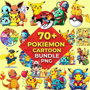 Op de afbeelding: Een verzameling kleurrijke cartoonafbeeldingen van verschillende Pokémon-personages, waaronder Pikachu, Bulbasaur en Charmander. De afbeelding bevat een centrale rode ruit met de tekst "70+ POKIEMON CARTOON BUNDLE PNG". De achtergrond is lichtgeel.