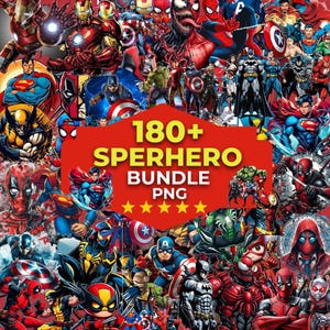 May include: A vibrant collage of superhero illustrations, featuring characters like Superman, Batman, and Spider-Man. The image includes a red banner with the text "180+ SPERHERO BUNDLE PNG" and five gold stars, showcasing a variety of comic book art.
