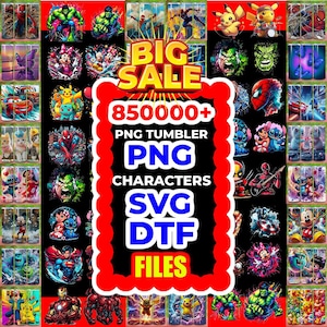 May include: A promotional image featuring a variety of colorful tumbler designs with popular characters. The image includes the text "BIG SALE" and "85000+ PNG TUMBLER PNG CHARACTERS SVG DTF FILES" in a bold, eye-catching design.