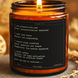 May include: A lit candle in a glass jar with a black label featuring white text that reads "run productivity.exe Error: procrastination detected." The candle sits on a gray stone surface, surrounded by dried plants.