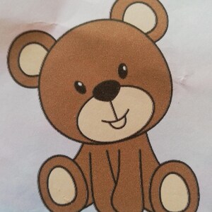 May include: A cartoon illustration of a brown teddy bear with a smiling face. The bear has a round head, small black eyes, and tan inner ears and paw pads. The bear is sitting with its arms and legs outstretched.