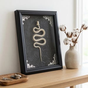 Puede incluir: Una obra de arte enmarcada con una serpiente color crema sobre un fondo negro texturizado con un patrón floral. El marco negro tiene detalles plateados en las esquinas. La obra de arte se exhibe sobre una superficie de madera, con un jarrón de tallos de algodón cerca.