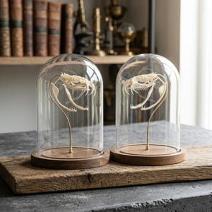 Crânio de cobra real em exposição, espécime de osso de víbora, decoração gótica em forma de cúpula.