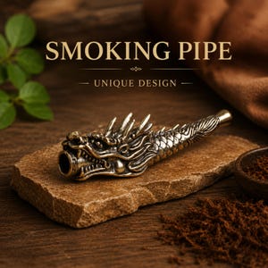 Pode incluir: Um cachimbo de fumar de latão com um design de cabeça de dragão. O cachimbo é detalhado com escamas e apresenta o texto "SMOKING PIPE - UNIQUE DESIGN". O cachimbo repousa sobre uma laje de pedra.