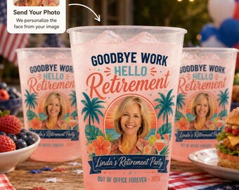 Vasos personalizados para fiestas de jubilación, vasos de plástico con foto personalizada, regalo de feliz jubilación, vasos con cara para fiestas de jubilación, recuerdos para fiestas de jubilación.