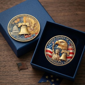 Puede incluir: Monedas conmemorativas doradas en cajas azules, celebrando el Día de la Independencia. Una moneda presenta la Campana de la Libertad, el Capitolio y fuegos artificiales. La otra muestra la Estatua de la Libertad, un águila y la bandera americana.