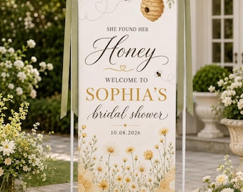 She Found Her Honey Linen Bridal Shower Banner, Bee Theme Welcome Sign, Personalized Wildflower Wedding Shower Backdrop