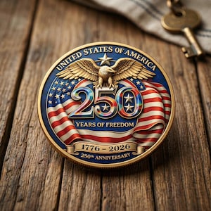 Puede incluir: Una moneda conmemorativa circular con borde dorado y centro azul. La moneda presenta un águila dorada sobre el número "250" y el texto "United States of America". La moneda también incluye el texto "Years of Freedom" y "1776-2026 250th Anniversary".