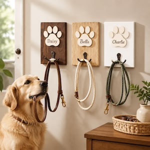 Peut inclure: Trois plaques murales rectangulaires en bois avec des découpes en forme de patte et des crochets en métal. Chaque plaque est personnalisée avec les noms Daisy, Bella et Charlie. Les plaques sont brun foncé, chêne clair et blanc.