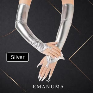 Metallic Fingerless Long Gloves, Silver Opera Gloves, Cosplay Dance Costume Accessory