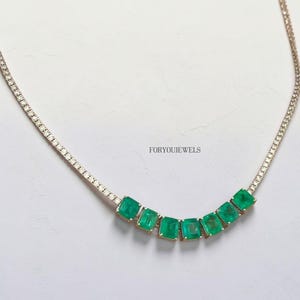 Green Emerald Moissanite Necklace, Minimalist Emerald Bar Necklace, VVS Moissanite Tennis Chain, Gold plated Dainty Necklace, May Birthstone