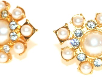 Carlisle - Earrings - Estate Costume Jewelry - Pearl Rhinestone - 90's Enron Style