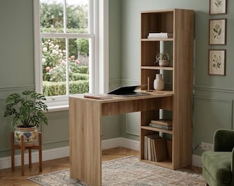 DIY-skrivbordsplaner | Modernt minimalistiskt skrivbord med bokhylla | Byggplan för hemmakontorsmöbler | Digital träbearbetningsritning | Digital nedladdning