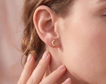 18K Gold Filled Moon Stud Earrings Pair Dainty Crescent Minimalist Small Cartilage Helix Earrings Gift for Her