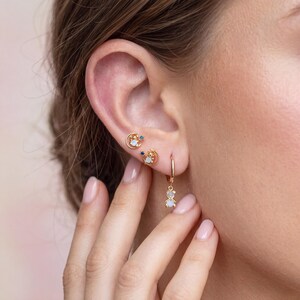 18K Gold Filled Teddy Bear Hoop Earrings Set, Blue Opal CZ Celestial Ear Stack Jewelry, Moon Star Dangle Charm Huggie Earrings, Gift for Her