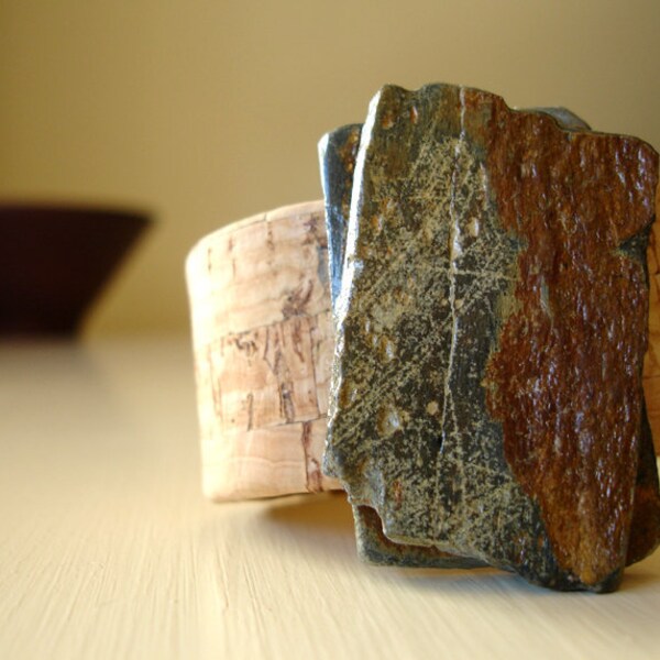 Eco-Friendly CORK CUFF Bracelet with Rustic Slate Stone