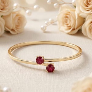 Vintage 14K Gold Ruby Flex Bangle Bracelet | Minimalist Modernist Fine Jewelry | Elegant Stackable Bracelet | Luxury Gift for Women