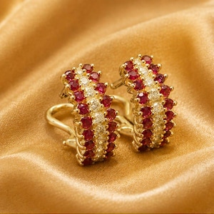 Pave Set Red Ruby Minimalist Hoop 14K Yellow Gold Omega Back Women's Earrings Silver
