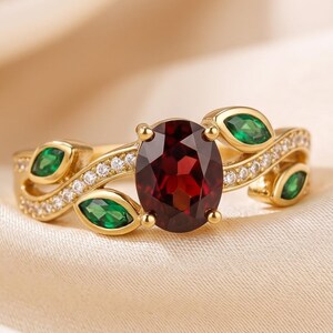 Nature inspired ruby and emerald leaf ring, oval red gemstone, 14k gold plated band, vintage floral anniversary jewelry gift for her