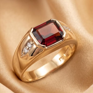 Handmade Emerald-Cut Red Ruby Diamond Ring, 14K Yellow Gold-Plated Sterling Silver, Unisex Wedding Gift
