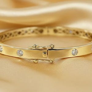 14K Yellow Gold Plated 925 Sterling Silver, Handmade Bangle Diamond Bangle Bracelet Elegant Bracelet for Women, Dainty Luxury Jewelry Gift