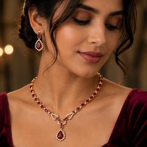 14K Yellow Gold Exquisite Pear Cut Ruby & Diamond Tennis Necklace in 14K Gold - May Birthstone Statement Jewelry, Personalized Gifts