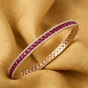Minimalist Red Ruby & Diamond Bangle | 14K Yellow Gold Plated 925 Sterling Silver | Everyday Bracelet | Handmade Fine Jewelry | Women's Gift