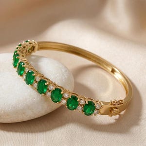Green Emerald Diamond Bangle Bracelet 14K Gold & 925 Sterling Silver, Elegant Handmade Gemstone Jewelry