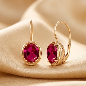 4.10 CT Oval Ruby Solitaire Leverback Drop Dangle Earrings, 14K Yellow Gold Plated 925 Sterling Silver, July Birthstone Jewelry Gift for Her