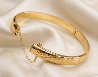 Pulsera rígida vintage de oro amarillo de 14 quilates, delicada pulsera de oro grabada para mujer, joyería clásica minimalista de oro, regalo para ella.