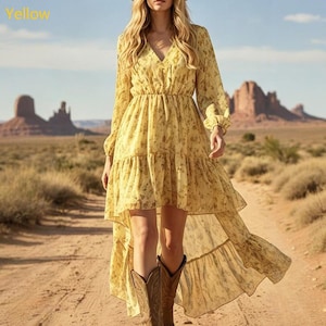 Bohemian V-Neck High-Low Maxi Dress | Long Sleeve Floral Chiffon Dress | Flowy Ruffle Hem Dress for Women | Wedding Guest Dress Yellow