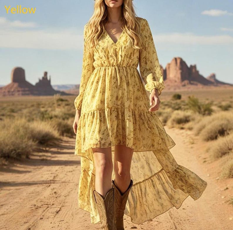 Bohemian V-Neck High-Low Maxi Dress | Long Sleeve Floral Chiffon Dress | Flowy Ruffle Hem Dress for Women | Wedding Guest Dress Yellow