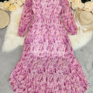 Bohemian V-Neck High-Low Maxi Dress | Long Sleeve Floral Chiffon Dress | Flowy Ruffle Hem Dress for Women | Wedding Guest Dress image 13