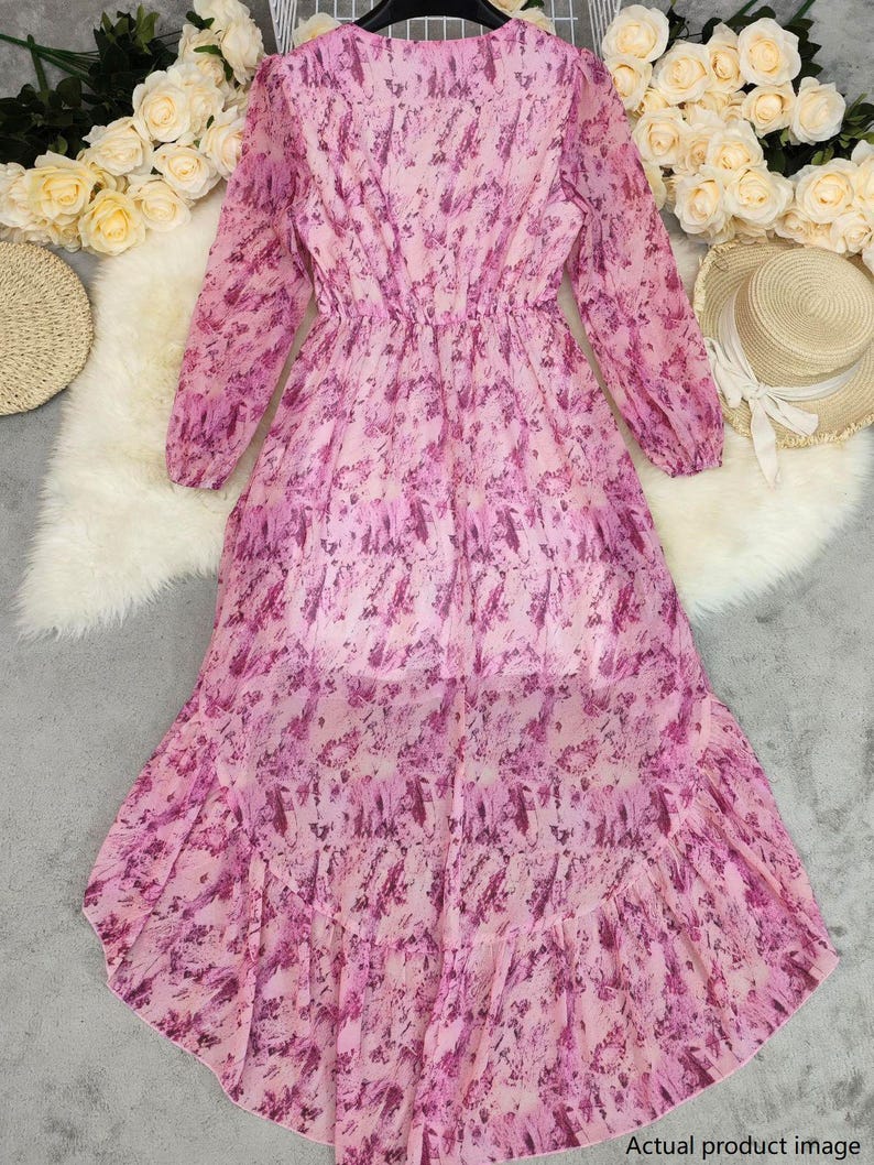 Bohemian V-Neck High-Low Maxi Dress | Long Sleeve Floral Chiffon Dress | Flowy Ruffle Hem Dress for Women | Wedding Guest Dress image 13