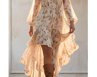 Bohemian V-Neck High-Low Maxi Dress | Long Sleeve Floral Chiffon Dress | Flowy Ruffle Hem Dress for Women | Wedding Guest Dress