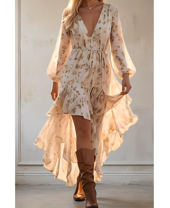 Bohemian V-Neck High-Low Maxi Dress | Long Sleeve Floral Chiffon Dress | Flowy Ruffle Hem Dress for Women | Wedding Guest Dress