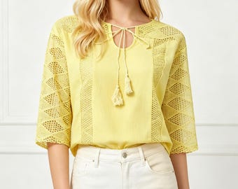 Yellow Lace Boho Blouse, Crochet Tassel Neckline Top, 3/4 Sleeve Cotton Linen Blouse, Bohemian Chic Top, Lightweight Loose Fit