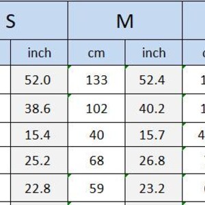 May include: A size chart with measurements in inches and centimeters for clothing. The chart includes sizes S, M, L, and XL, detailing length, bust, shoulder, waist, and sleeve measurements. The length ranges from 52.0 to 53.1 inches.