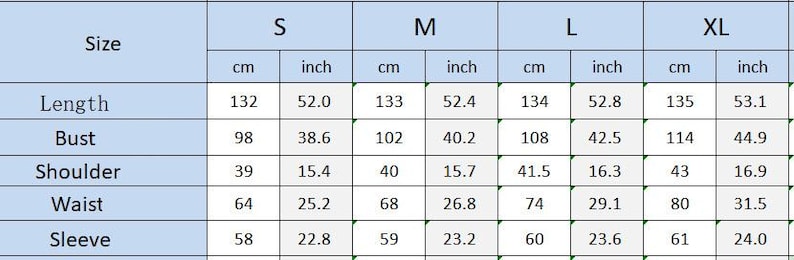 May include: A size chart with measurements in inches and centimeters for clothing. The chart includes sizes S, M, L, and XL, detailing length, bust, shoulder, waist, and sleeve measurements. The length ranges from 52.0 to 53.1 inches.