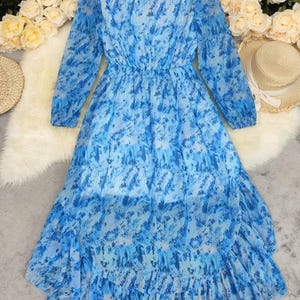 Bohemian V-Neck High-Low Maxi Dress | Long Sleeve Floral Chiffon Dress | Flowy Ruffle Hem Dress for Women | Wedding Guest Dress image 15