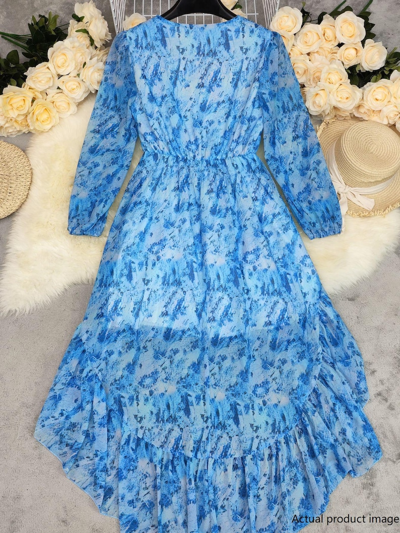 Bohemian V-Neck High-Low Maxi Dress | Long Sleeve Floral Chiffon Dress | Flowy Ruffle Hem Dress for Women | Wedding Guest Dress image 15