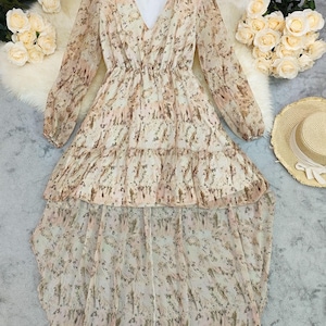 Bohemian V-Neck High-Low Maxi Dress | Long Sleeve Floral Chiffon Dress | Flowy Ruffle Hem Dress for Women | Wedding Guest Dress image 7