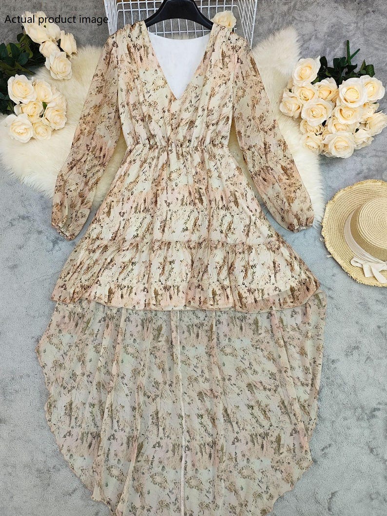 Bohemian V-Neck High-Low Maxi Dress | Long Sleeve Floral Chiffon Dress | Flowy Ruffle Hem Dress for Women | Wedding Guest Dress image 7