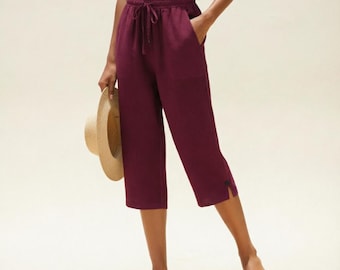 Comfortabele katoenen broek met hoge taille en trekkoord, losse capribroek met zakken, zachte, ademende stof voor zomerse lounge- en vrijetijdskleding.