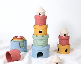 Silicone Castle Stacking Toy, Montessori Baby Nesting Cups, Food-Grade Silicone Toy, Neutral Sensory Educational Toy, Baby Shower Gift